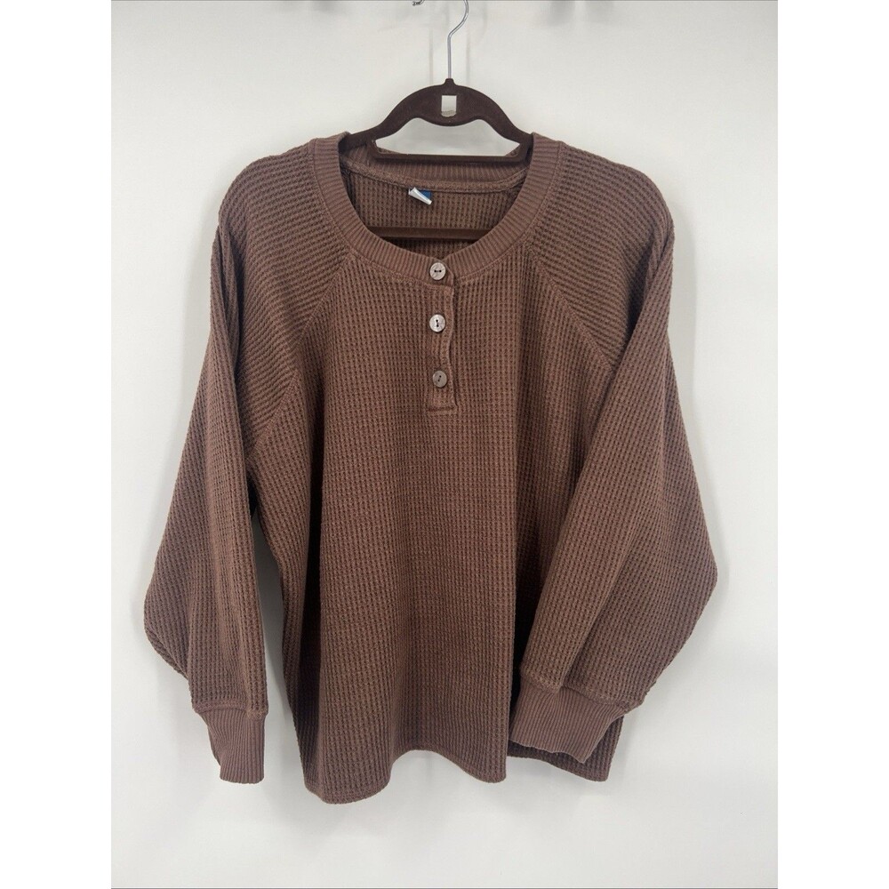 Old Navy Womens XXL Brown Waffle Knit Henley Long Sleeve Thermal Top Raglan